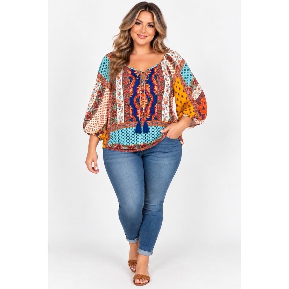 One World 2X Boho Paisley Patchwork Blouse Top Tassel Tie 100% Rayon Multicolor